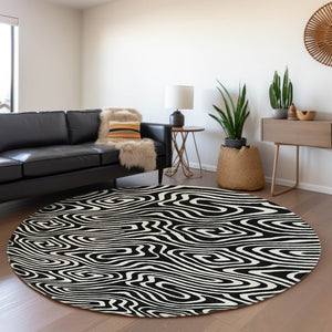 HomeRoots 8' Black And Ivory Abstract Washable Round Rug – Durable, Stylish, Stain-Resistant, UV Protected Design! 680070