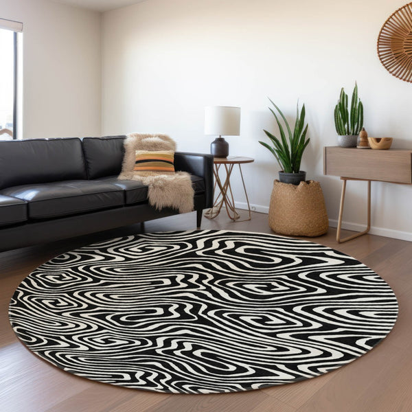 HomeRoots 8' Black And Ivory Abstract Washable Round Rug – Durable, Stylish, Stain-Resistant, UV Protected Design! 680070
