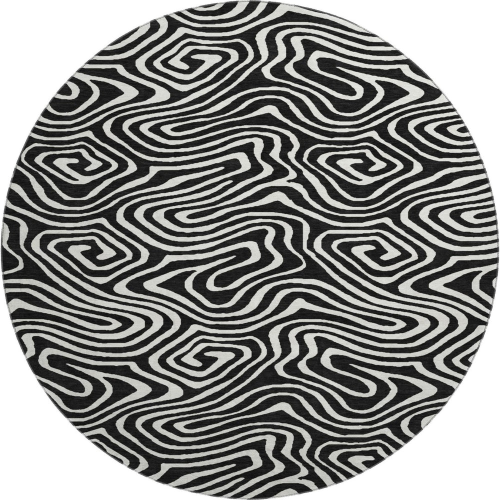 HomeRoots 8' Black And Ivory Abstract Washable Round Rug – Durable, Stylish, Stain-Resistant, UV Protected Design! 680070
