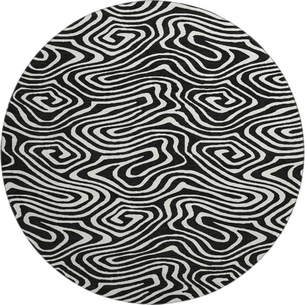 HomeRoots 8' Black And Ivory Abstract Washable Round Rug – Durable, Stylish, Stain-Resistant, UV Protected Design! 680070