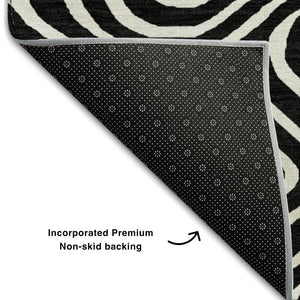 HomeRoots 8' Black And Ivory Abstract Washable Round Rug – Durable, Stylish, Stain-Resistant, UV Protected Design! 680070