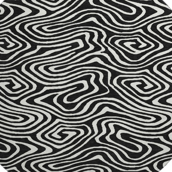 HomeRoots 8' Black And Ivory Abstract Washable Round Rug – Durable, Stylish, Stain-Resistant, UV Protected Design! 680070