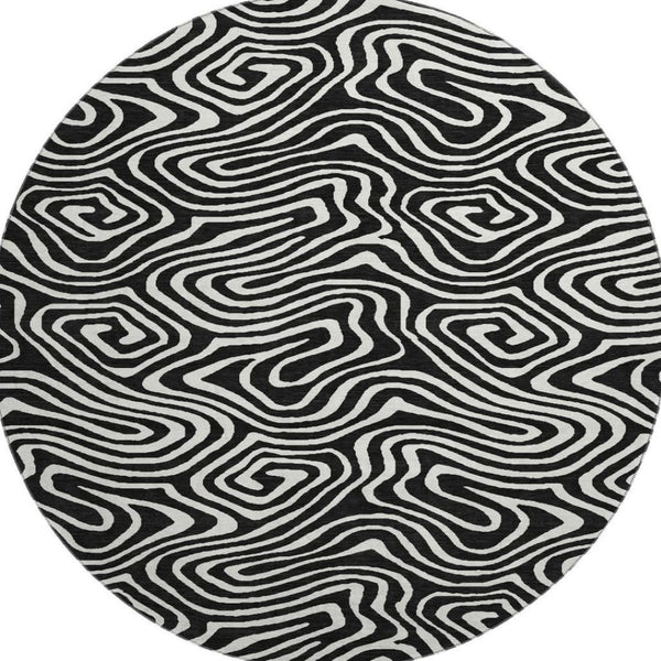 HomeRoots 8' Black And Ivory Abstract Washable Round Rug – Durable, Stylish, Stain-Resistant, UV Protected Design! 680070