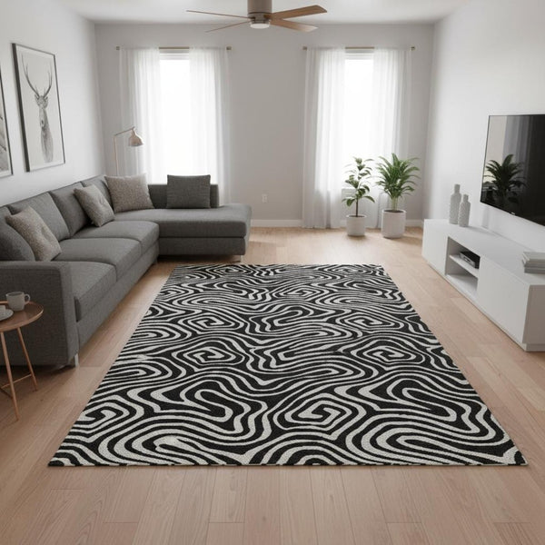 HomeRoots 8' X 10' Black And Ivory Abstract Area Rug – Washable, UV Protected, Durable Design for Modern Spaces 680071