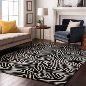 HomeRoots 8' X 10' Black And Ivory Abstract Area Rug – Washable, UV Protected, Durable Design for Modern Spaces 680071