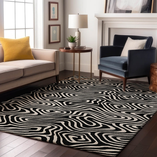 HomeRoots 8' X 10' Black And Ivory Abstract Area Rug – Washable, UV Protected, Durable Design for Modern Spaces 680071