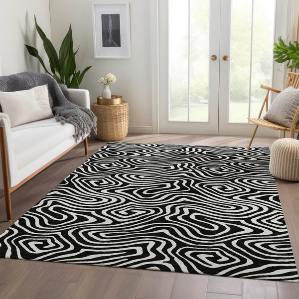 HomeRoots 8' X 10' Black And Ivory Abstract Area Rug – Washable, UV Protected, Durable Design for Modern Spaces 680071