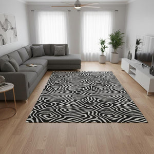 HomeRoots 9' X 12' Black And Ivory Abstract Washable Area Rug – Durable, UV-Protected, Modern Design for Homes 680072