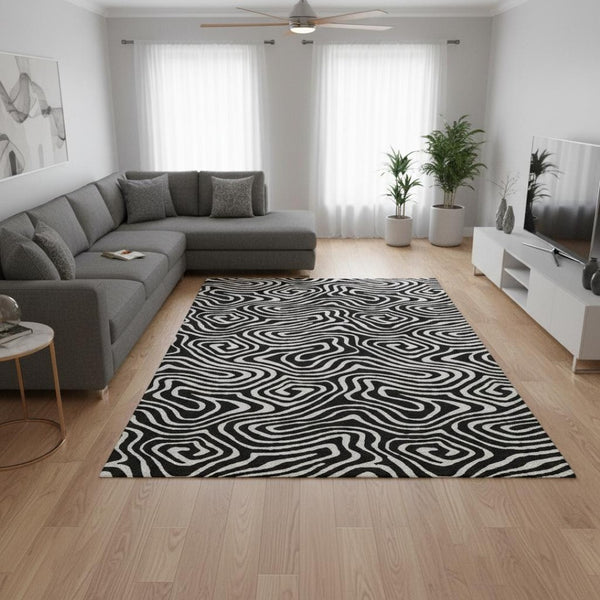 HomeRoots 9' X 12' Black And Ivory Abstract Washable Area Rug – Durable, UV-Protected, Modern Design for Homes 680072