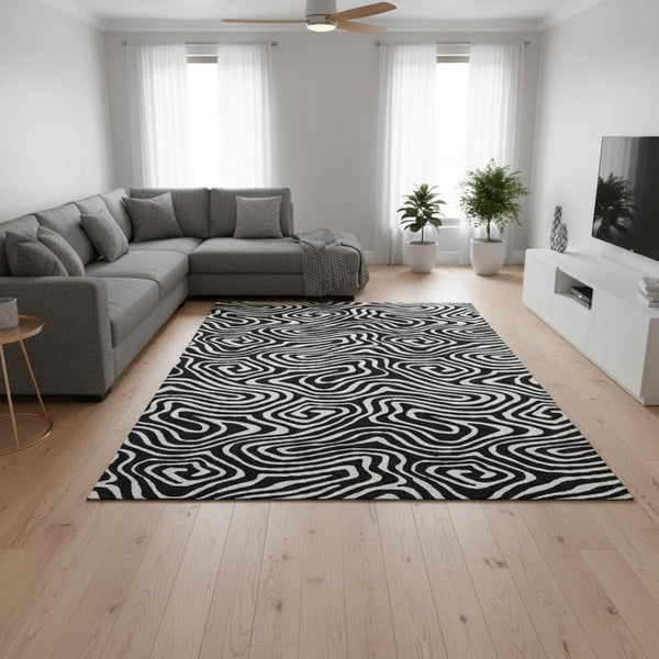 HomeRoots 10' Black and Ivory Abstract Washable Area Rug - Durable, Stain-Resistant, UV Protected for High-Traffic Homes 680073