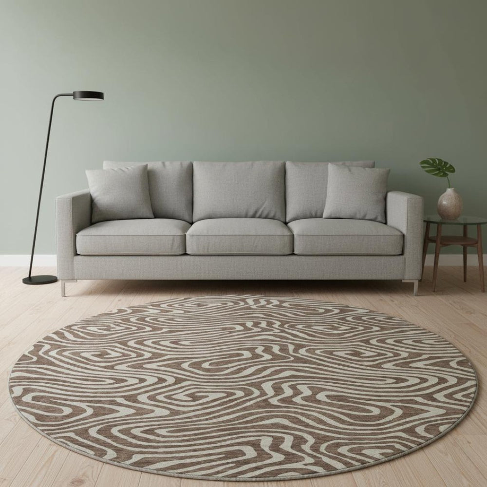 HomeRoots 8' Brown And Beige Abstract Washable Round Rug - Durable, UV-Protected, Stain-Resistant Design! 680076