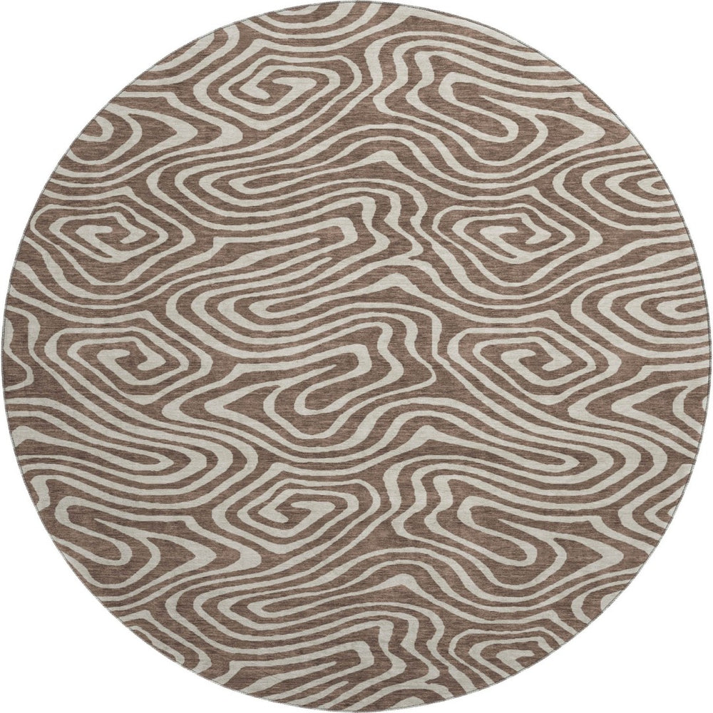 HomeRoots 8' Brown And Beige Abstract Washable Round Rug - Durable, UV-Protected, Stain-Resistant Design! 680076