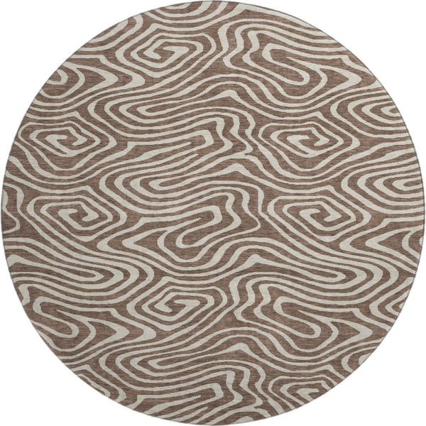 HomeRoots 8' Brown And Beige Abstract Washable Round Rug - Durable, UV-Protected, Stain-Resistant Design! 680076