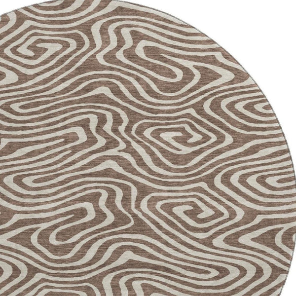 HomeRoots 8' Brown And Beige Abstract Washable Round Rug - Durable, UV-Protected, Stain-Resistant Design! 680076
