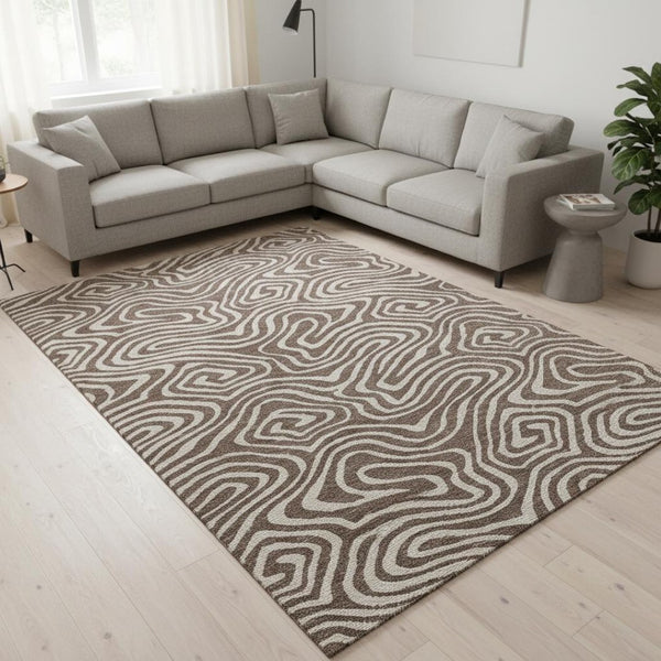 HomeRoots 9' X 12' Abstract Washable Area Rug with UV Protection - Stylish Brown & Beige Design for Modern Homes 680078