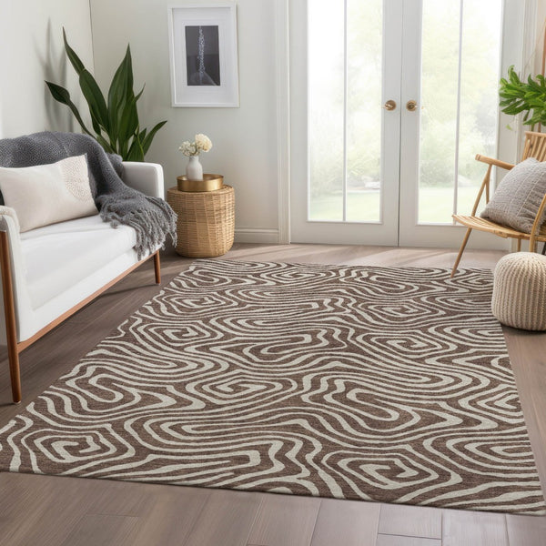 HomeRoots 9' X 12' Abstract Washable Area Rug with UV Protection - Stylish Brown & Beige Design for Modern Homes 680078
