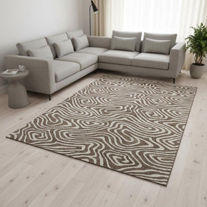 HomeRoots 10' X 14' Washable Brown and Beige Abstract Area Rug with UV Protection for Modern Living Spaces 680079