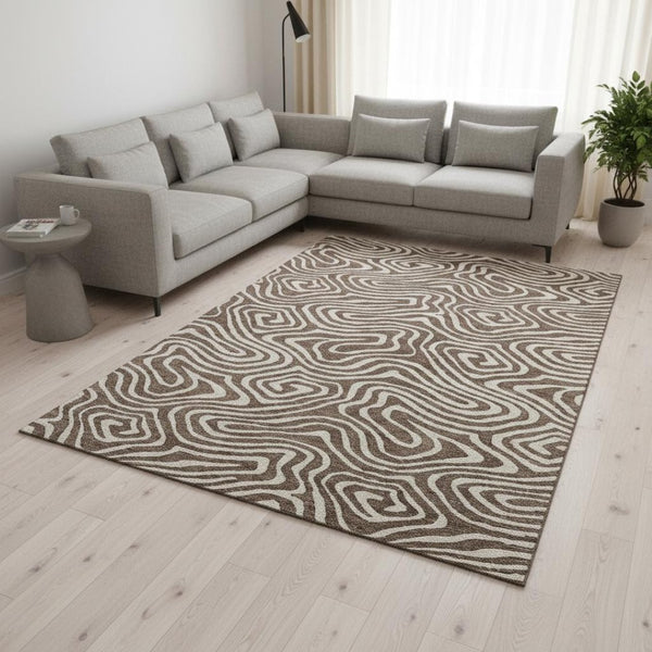 HomeRoots 10' X 14' Washable Brown and Beige Abstract Area Rug with UV Protection for Modern Living Spaces 680079