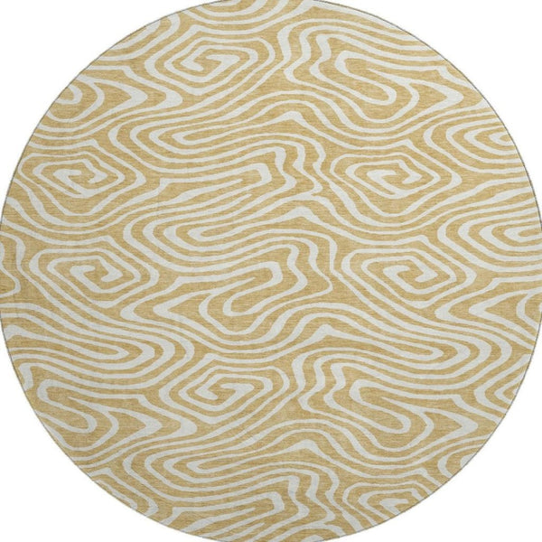 HomeRoots 8' Gold and Ivory Abstract Round Rug - Washable, UV-Protected, and Perfect for Stylish Spaces 680082