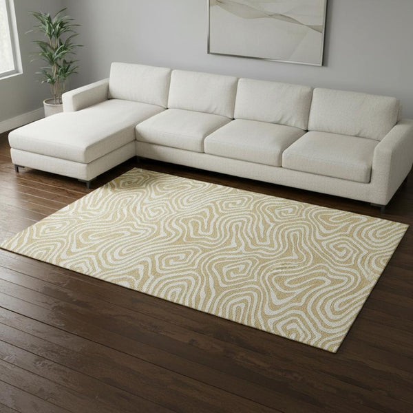 HomeRoots 8' X 10' Gold And Ivory Abstract Washable Area Rug - Durable, Stylish, UV-Protected for High Traffic Areas 680083