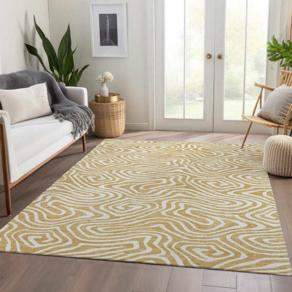 HomeRoots 8' X 10' Gold And Ivory Abstract Washable Area Rug - Durable, Stylish, UV-Protected for High Traffic Areas 680083
