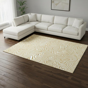HomeRoots 9' X 12' Gold & Ivory Abstract Washable Area Rug – Stylish, Durable, UV-Protected for Everyday Living 680084
