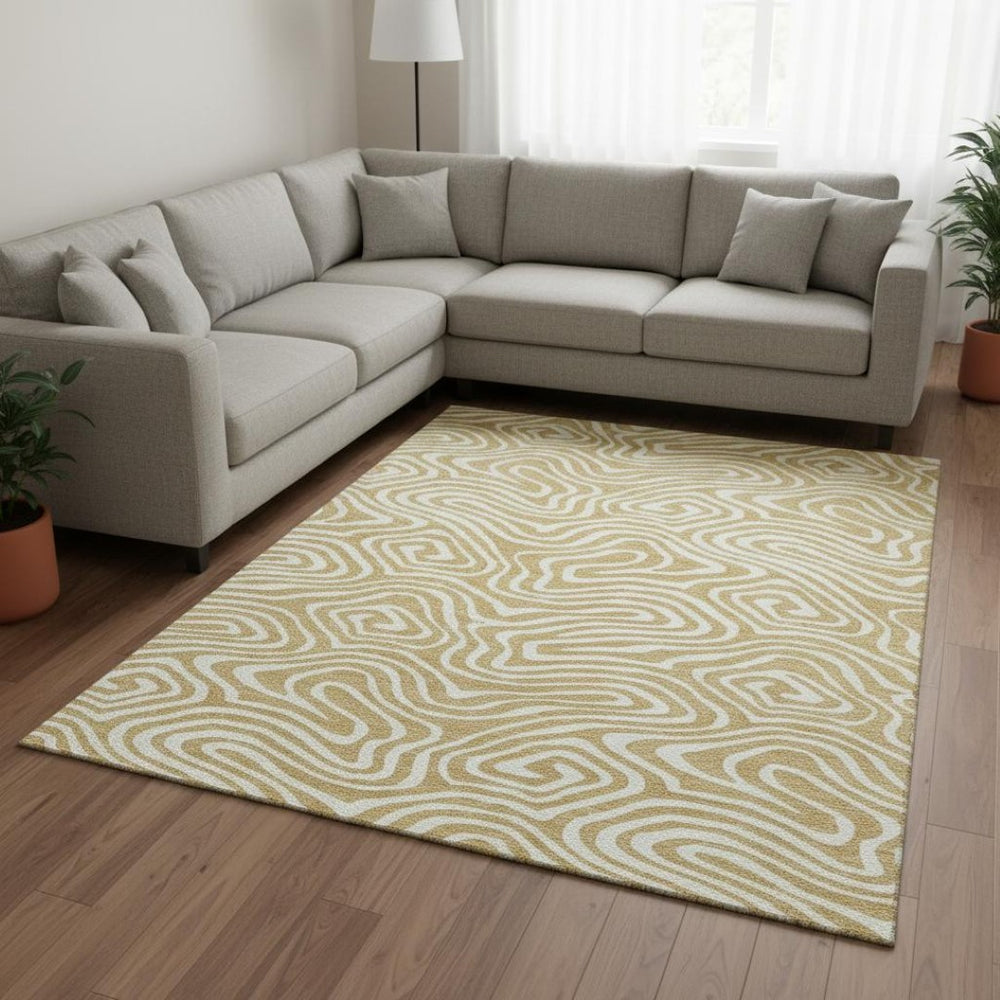 HomeRoots 10' X 14' Gold And Ivory Abstract Area Rug - Modern, Washable, UV Protected for Busy Homes 680085