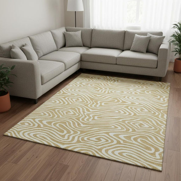 HomeRoots 10' X 14' Gold And Ivory Abstract Area Rug - Modern, Washable, UV Protected for Busy Homes 680085