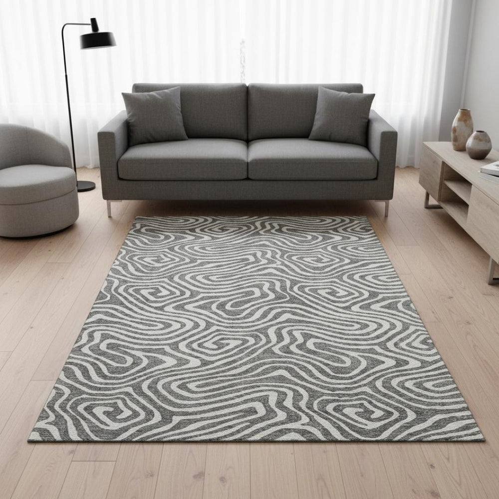 HomeRoots 5' X 8' Gray and Ivory Abstract Area Rug - Modern, Washable, UV Protected, Perfect for Family Spaces! 680087