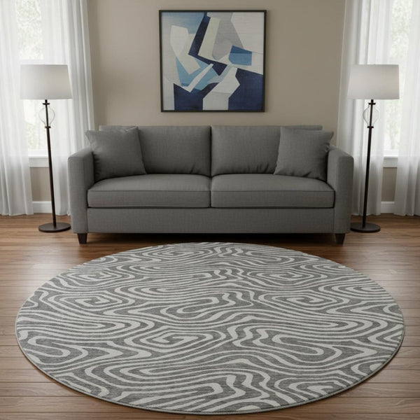 HomeRoots 8' Gray and Ivory Abstract Round Rug - Stylish, Washable, UV-Protected, Non-Slip for Modern Spaces! 680088