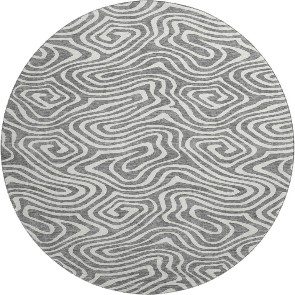 HomeRoots 8' Gray and Ivory Abstract Round Rug - Stylish, Washable, UV-Protected, Non-Slip for Modern Spaces! 680088
