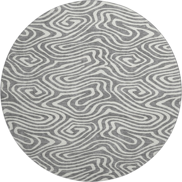 HomeRoots 8' Gray and Ivory Abstract Round Rug - Stylish, Washable, UV-Protected, Non-Slip for Modern Spaces! 680088