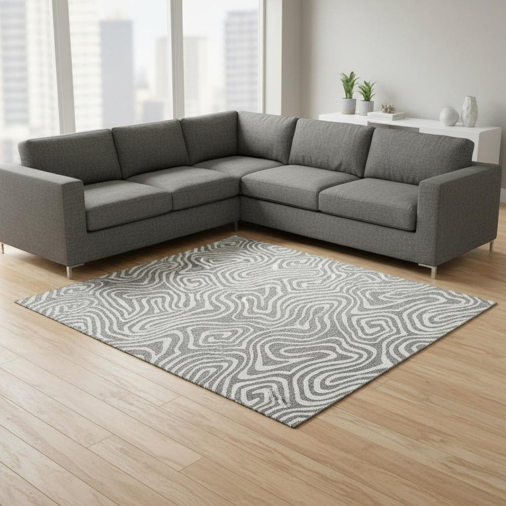 HomeRoots 9' X 12' Gray And Ivory Abstract Area Rug - Washable, UV-Protected, Perfect for High-Traffic Areas 680090