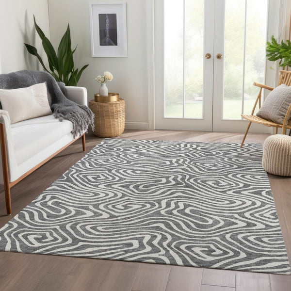 HomeRoots 10' Gray and Ivory Abstract Area Rug - Washable, UV-Protected, Durable for High-Traffic Homes 680091