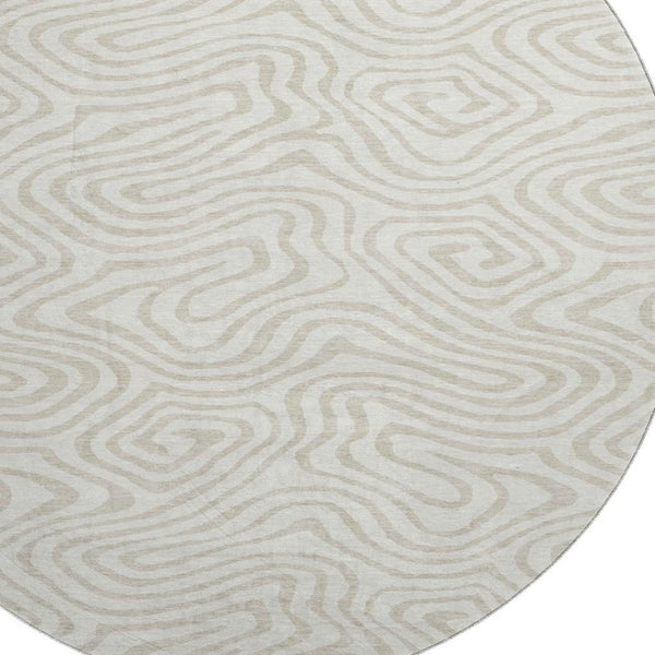 HomeRoots 8' Ivory and Beige Abstract Round Rug - Washable, UV Protected, Soft, Durable for High-Traffic Areas 680094