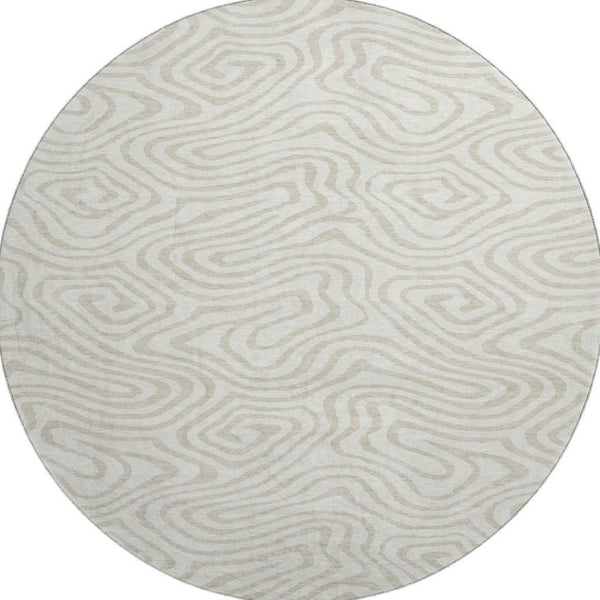 HomeRoots 8' Ivory and Beige Abstract Round Rug - Washable, UV Protected, Soft, Durable for High-Traffic Areas 680094