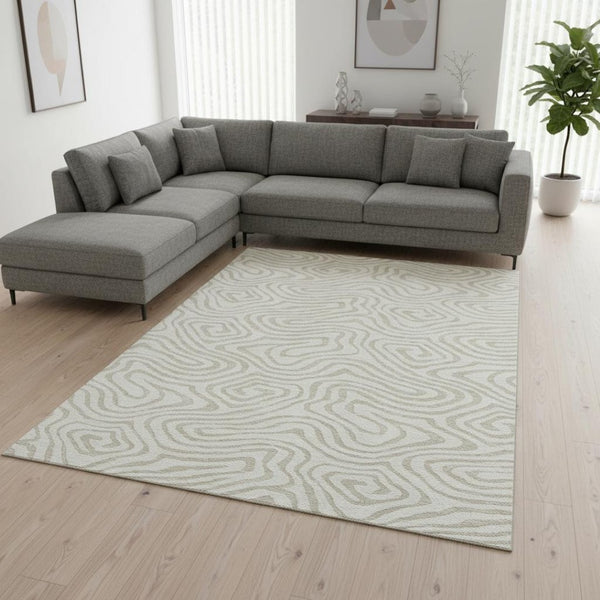 HomeRoots 9' X 12' Ivory and Beige Abstract Area Rug – Durable, Washable, UV-Protected for High-Traffic Spaces 680096