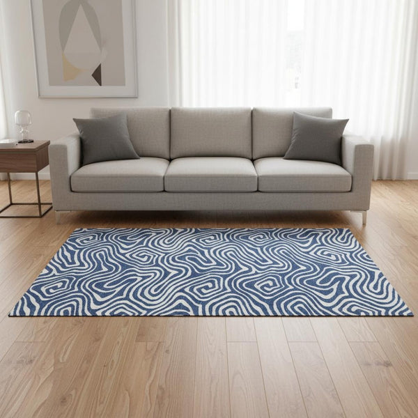 HomeRoots 5' X 8' Navy Blue and Ivory Abstract Area Rug - Stylish, Washable with UV Protection for Modern Homes 680099