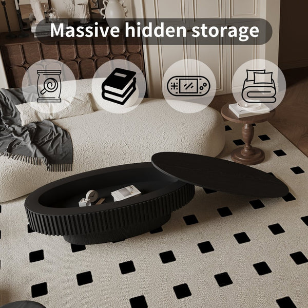 English Elm 47'' Oval Storage Coffee Table Fluted Wood Veneer Lift Lid Sculptural Living Room Accent Black W1435P293221