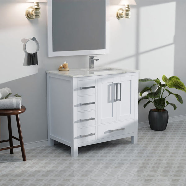 English Elm White Bath Vanity 36" W X 22" D With Right Offset Sink, Elegant Carrara Marble Top & Storage Solutions B2731P258809-GIGA