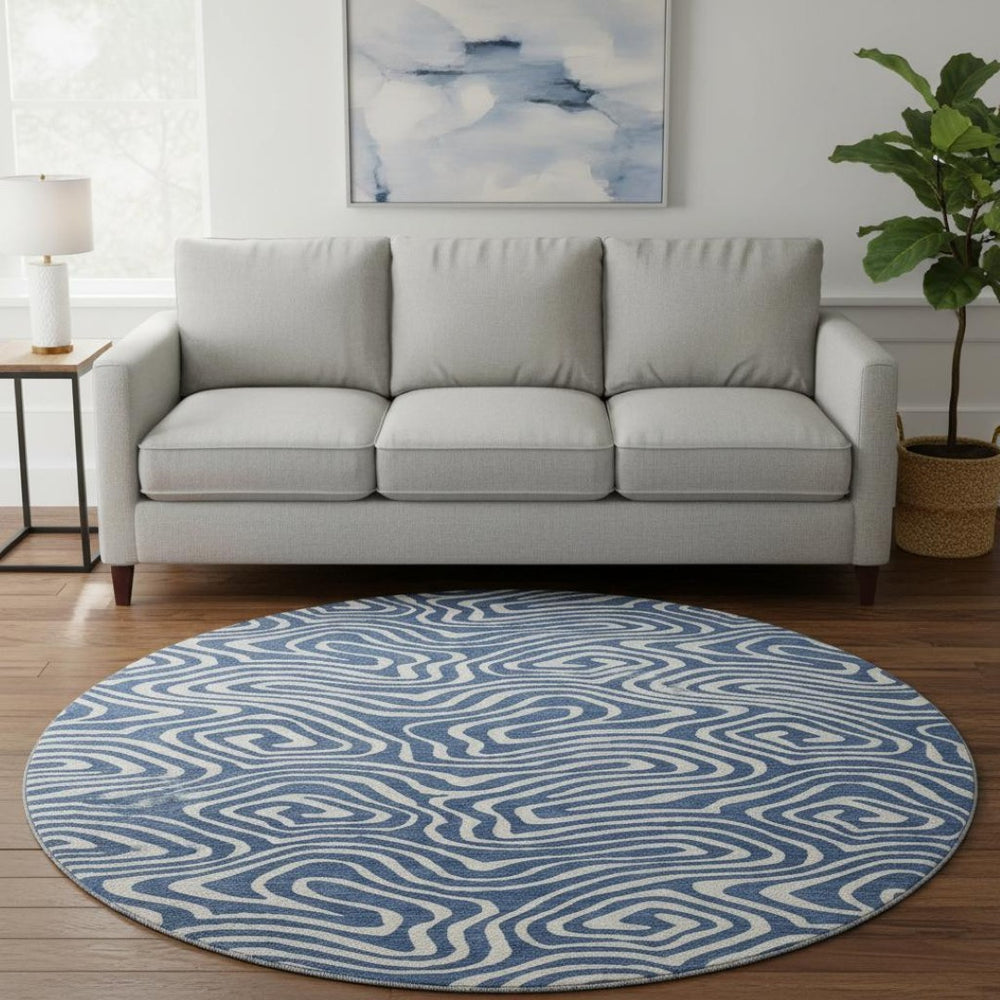 HomeRoots 8' Navy Blue and Ivory Abstract Round Rug - Washable, UV Protected, Stylish & Durable for High Traffic Areas 680100