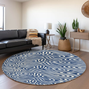 HomeRoots 8' Navy Blue and Ivory Abstract Round Rug - Washable, UV Protected, Stylish & Durable for High Traffic Areas 680100