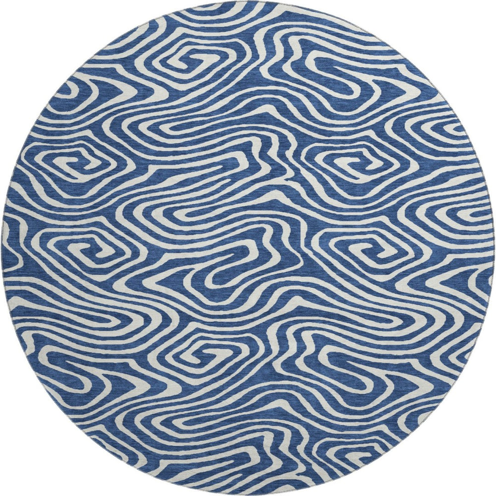 HomeRoots 8' Navy Blue and Ivory Abstract Round Rug - Washable, UV Protected, Stylish & Durable for High Traffic Areas 680100