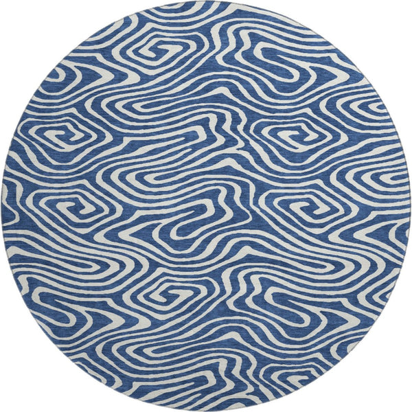 HomeRoots 8' Navy Blue and Ivory Abstract Round Rug - Washable, UV Protected, Stylish & Durable for High Traffic Areas 680100