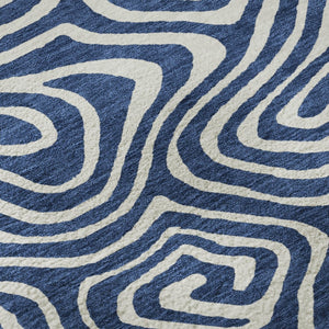 HomeRoots 8' Navy Blue and Ivory Abstract Round Rug - Washable, UV Protected, Stylish & Durable for High Traffic Areas 680100