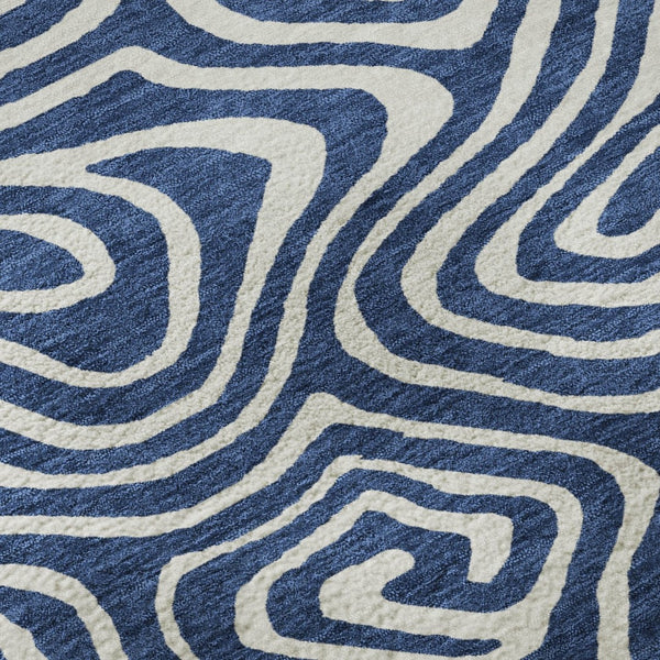 HomeRoots 8' Navy Blue and Ivory Abstract Round Rug - Washable, UV Protected, Stylish & Durable for High Traffic Areas 680100