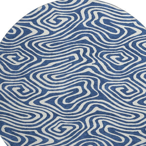 HomeRoots 8' Navy Blue and Ivory Abstract Round Rug - Washable, UV Protected, Stylish & Durable for High Traffic Areas 680100