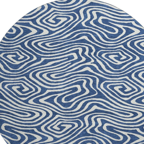 HomeRoots 8' Navy Blue and Ivory Abstract Round Rug - Washable, UV Protected, Stylish & Durable for High Traffic Areas 680100