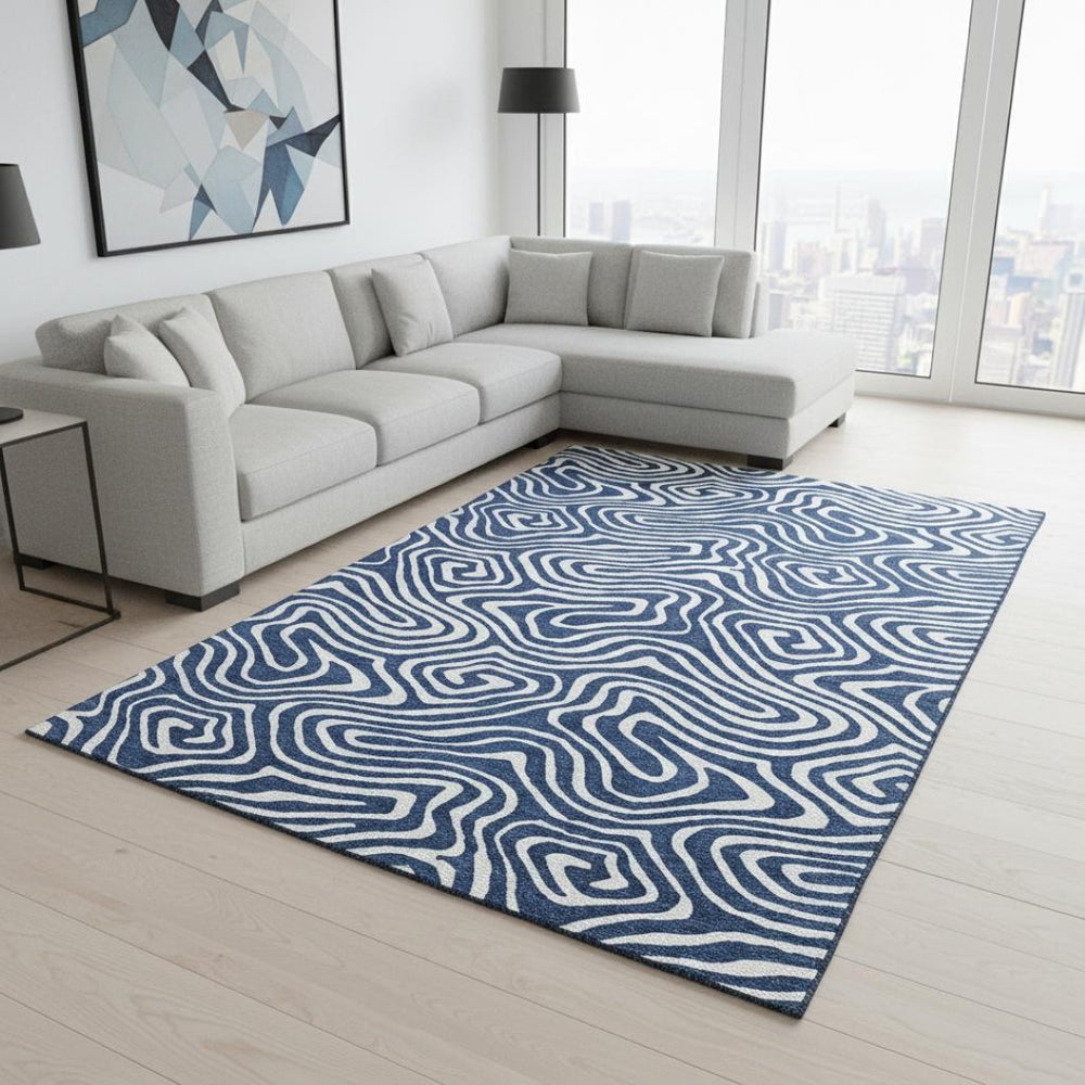 HomeRoots 9' X 12' Modern Navy Blue & Ivory Abstract Washable Area Rug - Stain Resistant & UV Protected! 680102
