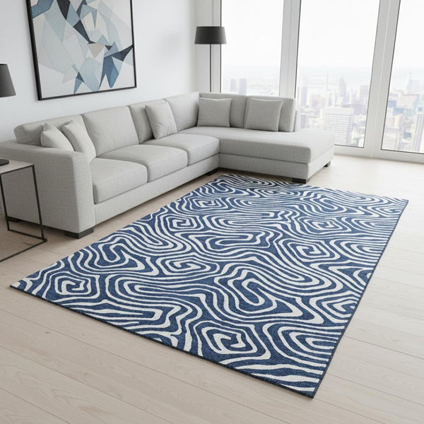 HomeRoots 9' X 12' Modern Navy Blue & Ivory Abstract Washable Area Rug - Stain Resistant & UV Protected! 680102